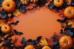 Festive autumn arrangement featuring pumpkins and bats against an orange background photo