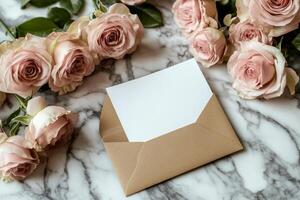 Delicate pink roses surrounding a blank envelope on a marble surface for personal notes photo