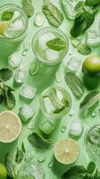 Refreshing mint and lime cocktails with ice in a dark setting photo