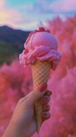 Pink ice cream cone held against a vibrant pink background at sunset in a scenic outdoor setting photo
