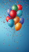 Colorful balloons rising with confetti on a bright blue background at a celebration photo