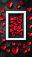 Red paper hearts arranged in a white frame against a black background for a romantic atmosphere photo