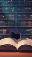 Graduation cap rests on open book in library filled with bookshelves photo