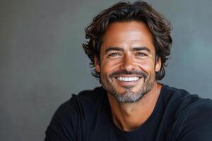 Smiling man with medium length dark hair and a beard sitting against a neutral background photo