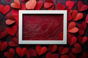 Creative display of red hearts surrounding a white picture frame on a dark background photo