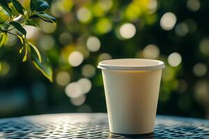 White paper cup sits on a table surrounded by blurred greenery in warm sunlight photo