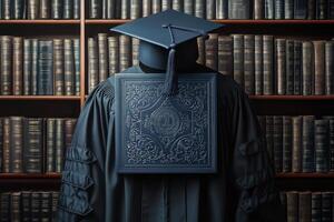 Graduation cap resting on an open book in a library during a quiet study session photo