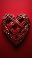 Woven heart made of red and natural fibers on a vibrant red background photo