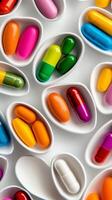 Colorful capsules scattered on a smooth surface creating a vibrant abstract pattern photo