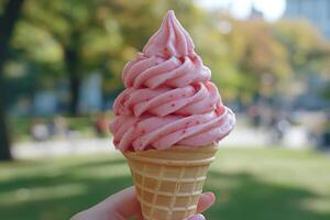 Enjoying a delicious pink soft serve ice cream cone in a park on a sunny day photo