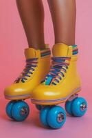 Bright retro roller skates with striped socks against a pink background during a sunny day photo