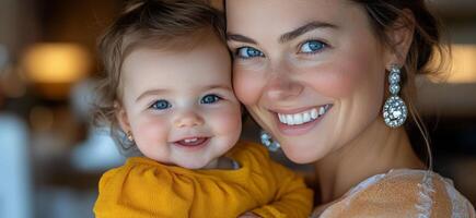 Smiling mother holds happy baby in cozy indoor setting with soft lighting photo