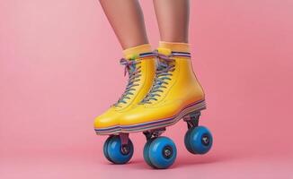 Colorful roller skates in mid air against a pink background creating vibrant energy photo