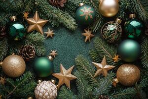 Decorative green and gold Christmas ornaments among pine branches photo