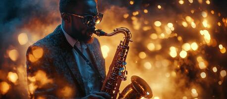 Musician performs passionately on saxophone amidst vibrant sparks in a lively atmosphere photo