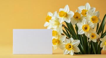 Bright daffodils arranged on a soft yellow background for cheerful spring decor photo