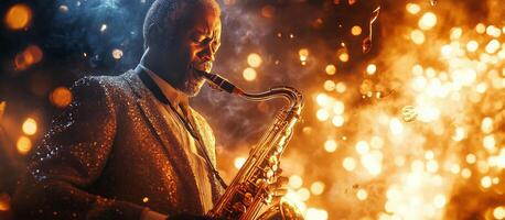 Musician performs passionately on saxophone amidst vibrant sparks in a lively atmosphere photo