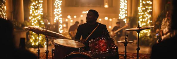 Musicians perform in a beautifully decorated venue with festive lights during an evening event photo