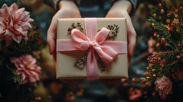 Gift wrapped in delicate pink ribbon surrounded by fresh flowers in a cozy setting photo
