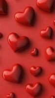 Red hearts scattered on a shiny surface creating a romantic theme for celebrations photo