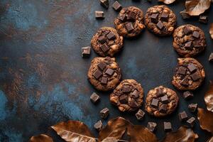 Chocolate cookies arranged in a circular pattern on a dark textured background with chocolate pieces photo