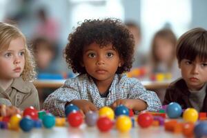 Children engaged in playtime with colorful building blocks in a bright classroom setting photo
