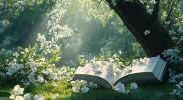 An open book lies on lush green grass, surrounded by delicate white flowers photo