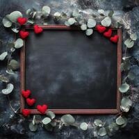 Decorative frame with red hearts and eucalyptus leaves on a dark background for party or celebration photo