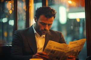 Man reading newspaper by window in cozy cafe during rainy morning photo