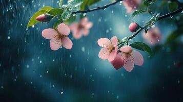 Pink flowers bloom in rain while droplets create ripples on water surface photo