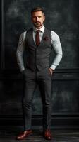 Stylish man in tailored gray suit poses confidently against a dark background photo