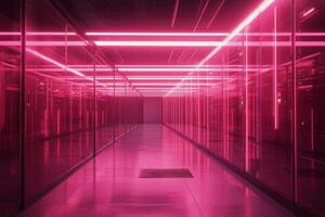 Neon lit modern technology hub with glass partitions and vibrant pink lighting photo