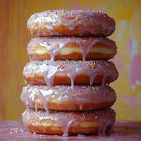 Delicious stacked donuts with pink frosting and colorful sprinkles at a bakery photo
