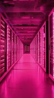 Bright pink illuminated server room with rows of servers and glowing lights photo