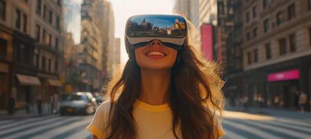 Young woman explores city street while wearing virtual reality headset in afternoon light photo