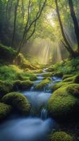 Tranquil forest landscape with a flowing stream and sunlight filtering through trees photo