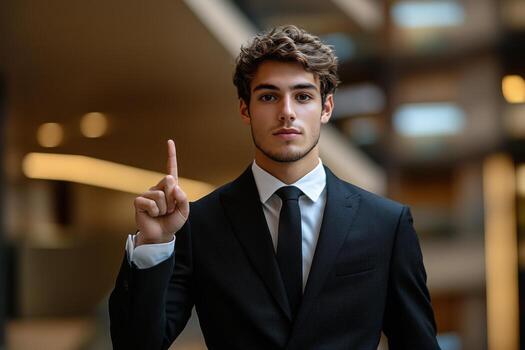 Young man in suit gestures confidently inside modern building during daytime photo