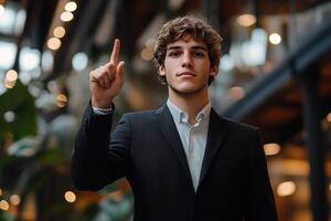Young man in suit gestures confidently inside modern building during daytime photo