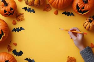 Crafting Halloween decorations with pumpkins and bats on a bright yellow background photo