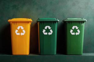 Recycling bins in urban setting for waste separation and environmental sustainability efforts photo