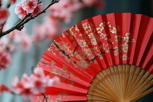 Red fan with floral design surrounded by cherry blossoms in springtime photo