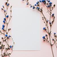 Beautiful spring flowers frame a blank card on a pink background for creative projects photo