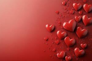Red paper hearts scattered on a vibrant background for celebrations and events photo