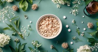 Natural remedies arranged aesthetically with herbal ingredients and homeopathic pellets photo