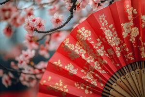 Red fan with floral design surrounded by cherry blossoms in springtime photo