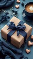 Gift wrapped in elegant paper with ribbon surrounded by chocolate hearts and a cup of coffee photo