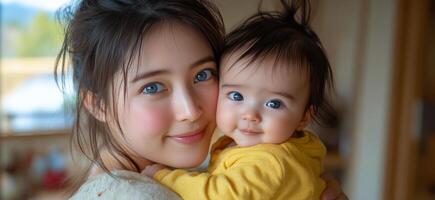 Smiling mother holds happy baby in cozy indoor setting with soft lighting photo