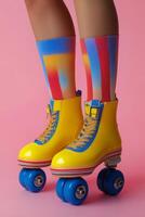Bright retro roller skates with striped socks against a pink background during a sunny day photo