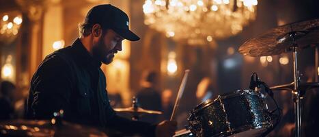 Drummer plays at a lively music event in an elegant venue with stunning lighting photo