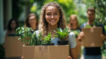 Group of young adults participating in urban gardening project while carrying plants photo